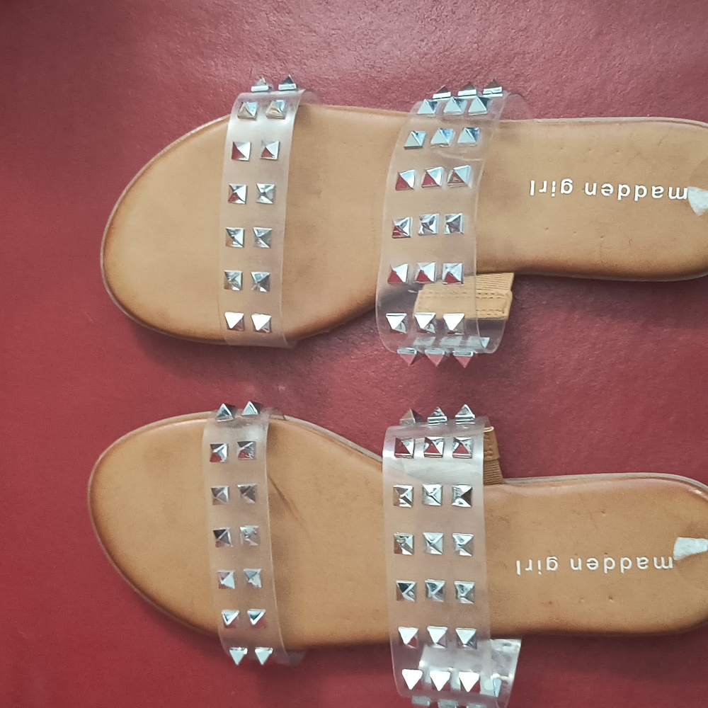 New, size 6.5 Madden Girl Fetch Clear Studded Sandals Womens